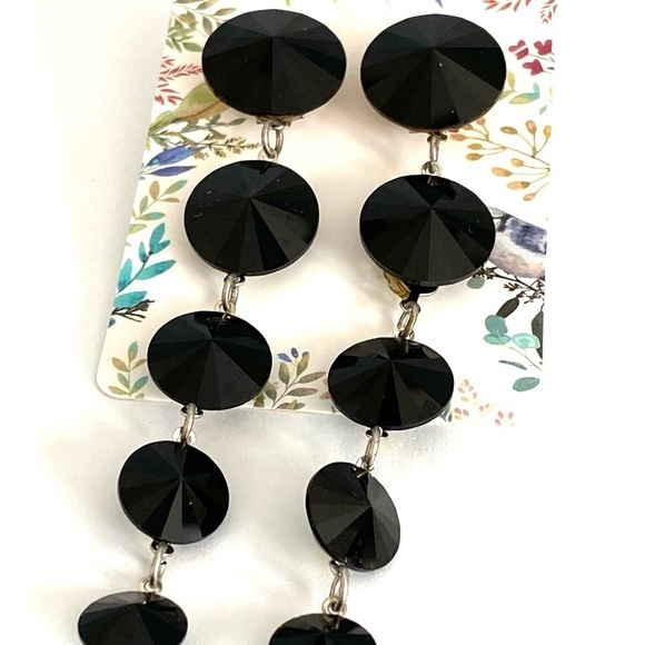 Earrings Drops Dangles Black Rivoli Rhinestone Artisan Handmade - Picture 9 of 10